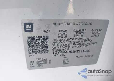 2019 Cadillac Xt5 Standard из США, поврежденный, VIN 1GYKNARS1KZ141396